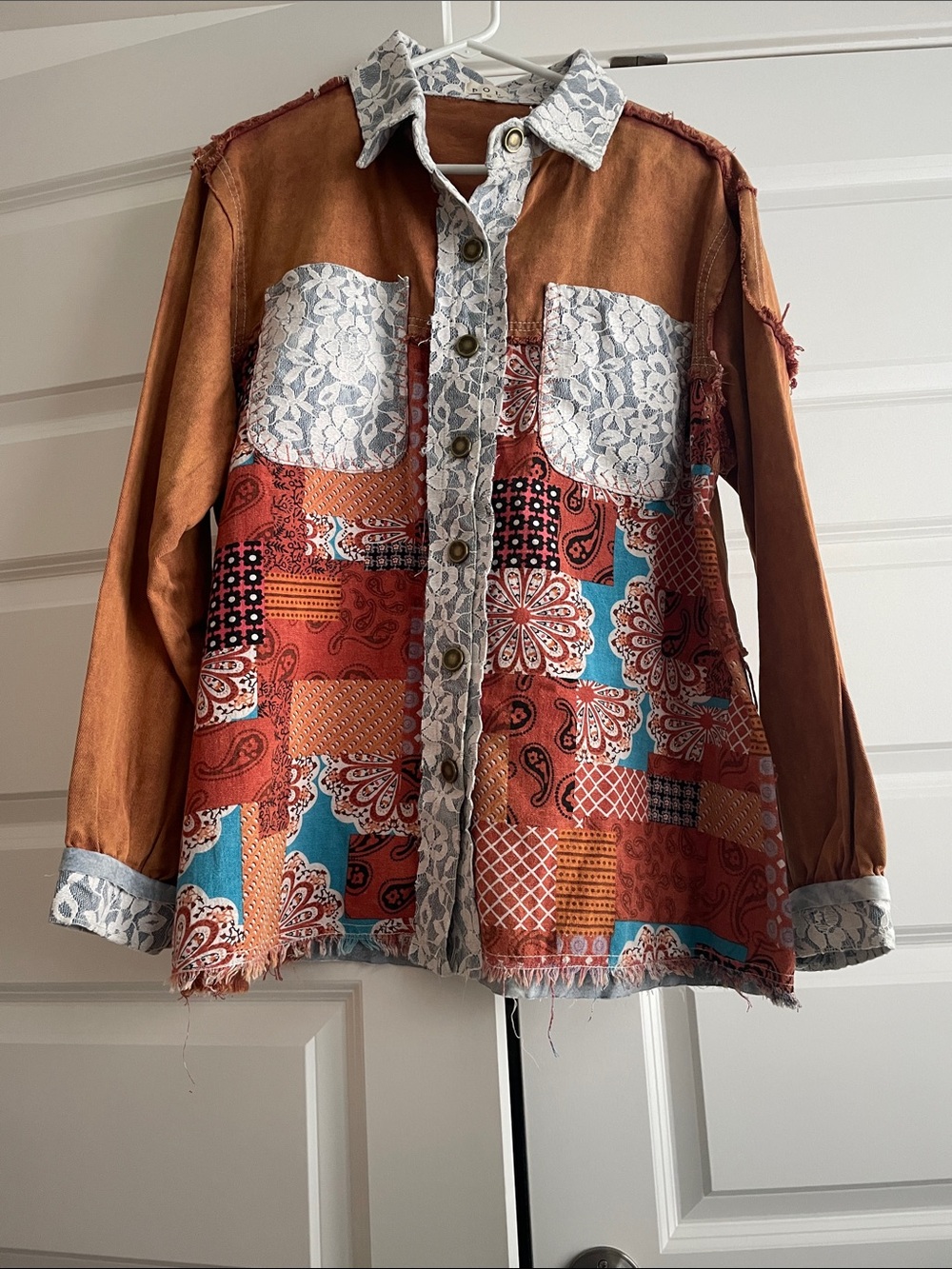 POL Patchwork Button-Up Jacket in Rust & Teal with Lace Trim